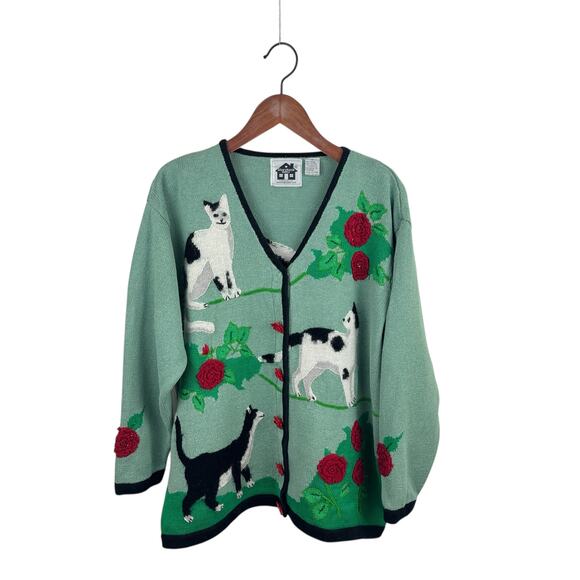 Storybook Knits Sweaters - Storybook Knits Green Cats & Roses Cardigan
